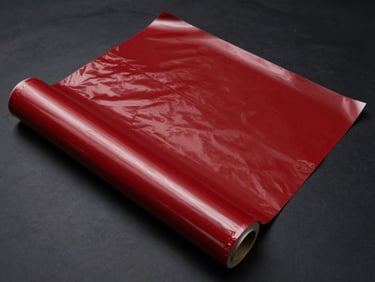 Overhead studio shot of a glossy deep red automotive vinyl wrap roll on a dark surface, cool studio lighting creating a mirror-like reflection on the surface, sharp edges visible, dark charcoal background