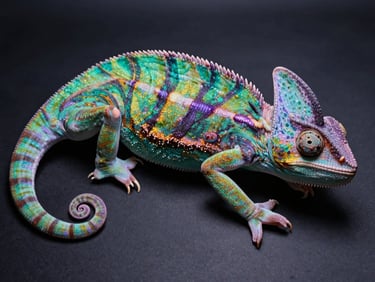 Overhead studio shot of an iridescent chameleon automotive vinyl wrap sample shifting between green and purple tones, directional cool studio light at a low angle revealing the color-shift effect, dark background