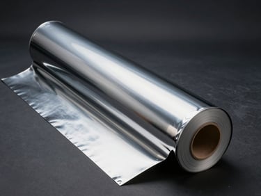 Overhead studio shot of a mirror chrome silver automotive vinyl wrap roll on a dark surface, cool studio lighting producing sharp mirror-like reflections on the surface, dark charcoal background