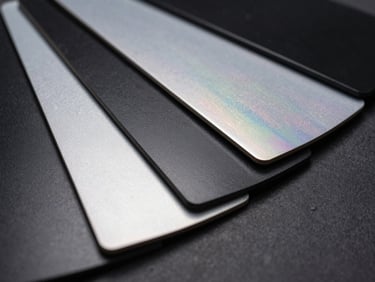 Extreme close-up macro of premium automotive vinyl wrap sample swatches fanned out on a dark charcoal surface — metallic silver, matte black, and iridescent chameleon finishes visible, studio side-lighting revealing texture and depth, no glare, dark background