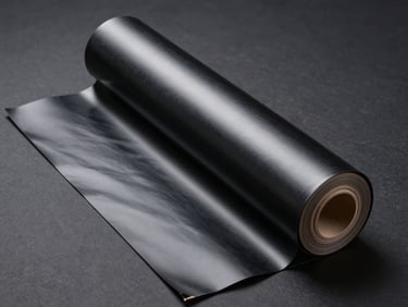 Overhead studio shot of a matte black automotive vinyl wrap roll unrolled slightly on a dark surface, cool studio lighting revealing the flat non-reflective texture, no glare, charcoal background