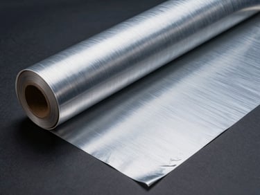 Overhead studio shot of a brushed silver metallic automotive vinyl wrap roll partially unrolled on a dark surface, cool directional lighting revealing brushed metallic grain texture, dark background