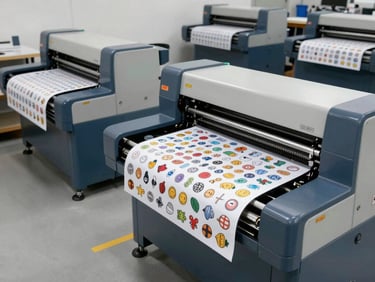 Wide panoramic shot of a modern, clean printing factory floor with advanced machinery, bright studio lighting, focus on precision and scale, subtle shadows, 50mm lens.
