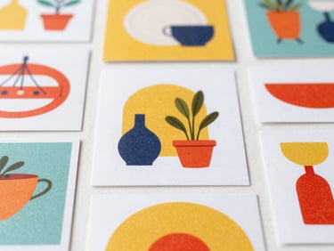 Overhead flat lay of various custom printed home decor items, neatly arranged, vibrant colors, studio lighting, macro details.