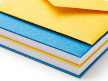 Close-up of a stack of premium greeting cards and matching envelopes, showing textured art paper and crisp printing, studio lighting.