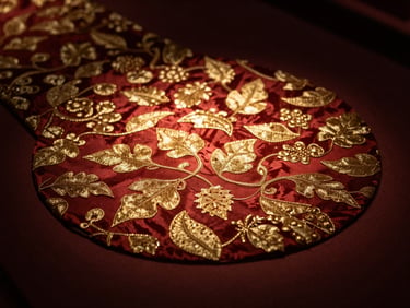 Macro shot of intricate gold-thread silk brocade, low-key gallery lighting, rich warm red and gold textures, deep shadows