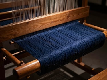 Macro texture of deep indigo dyed wool yarn on a wooden handloom, dramatic side-lighting casting rich shadows