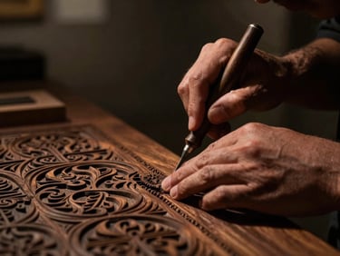 A close-up of a master artisan's hands carving intricate patterns into dark textured wood, warm gallery spotlight from the side, deep shadows, rich earth tones, high-contrast, 50mm lens.