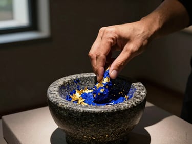 Hands mixing dry mineral pigments of lapis lazuli and gold leaf in a stone mortar, soft window light, high contrast