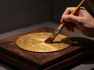 Close-up of natural golden urushi lacquer being applied with a fine brush to dark wood, low-key gallery lighting, deep shadows