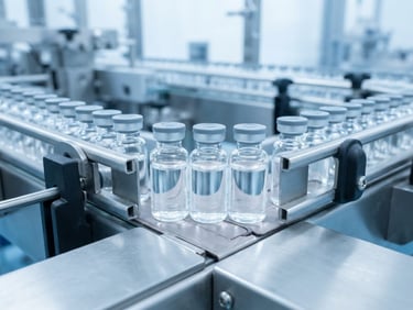 Macro shot of sterile medicine vials on a bright, high-key clinical conveyor line, cool blue and white tones, crisp focus.