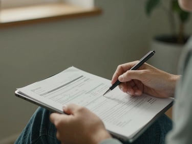 Warm editorial photography of hands reviewing financial spreadsheets on a tablet, soft natural Scandinavian daylight, muted forest green tones, 35mm lens