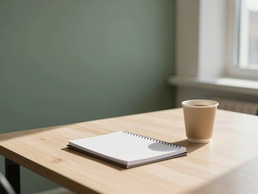 Warm editorial photography of a bright local office interior in Skövde, a clean desk with a notepad and a coffee cup, soft natural Scandinavian daylight, 35mm lens