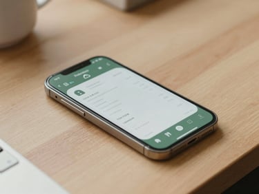 Warm editorial photography of a modern smartphone displaying a receipt scanning app on a wooden desk, soft natural Scandinavian daylight, muted sand tones, 35mm lens