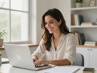 A Colombian freelance consultant in her bright home office, smiling warmly while looking at her laptop screen, natural morning light filtering through a window, professional and clean environment, 35mm lens