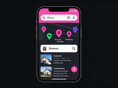 Google Maps interface on a smartphone, showing multiple pins for local service businesses, with a search result highlighting a roofing contractor, dark background, neon pink accents, studio lighting.