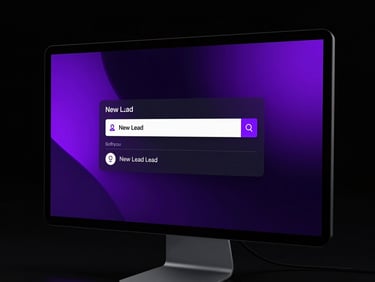 Lead notification interface on a desktop monitor, displaying a new lead alert with contact details and service request, dark background, neon purple accents, studio lighting, slight bleed right.