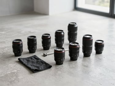 Organized professional tools placed neatly on a clean concrete floor inside a modern renovated space