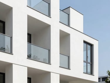 Sharp architectural photography of a modern apartment interior with clean lines, pristine white walls, and bright daylight, 35mm lens