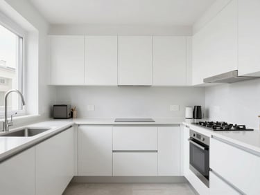 Straight-on architectural photo of the same rental kitchen, completely transformed with clean white paint, modern fixtures, and immaculate surfaces, bright daylight.
