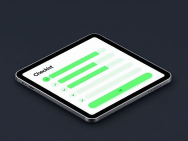 Sleek 3d render of an isometric tablet mockup showing a clean checklist application with neon green progress bars, dark tech aesthetic.