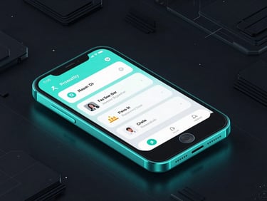 Sleek 3D render of a mobile productivity app interface on an isometric Android device, neon cyan glow, dark tech background