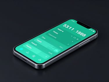 Sleek 3D render of an isometric Android smartphone mockup on a dark background, glowing neon cyan interface showing active habit-tracking metrics, high-contrast studio lighting.