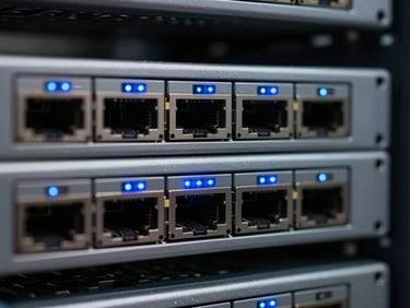 Close up macro shot of high-end network equipment, blinking blue LED status lights in a clean server rack, shallow depth of field.