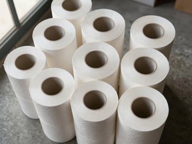 Close-up overhead study of tightly wound paper tissue rolls stacked in a grid pattern on a concrete warehouse floor, natural daylight from side windows, texture of paper core visible, no people