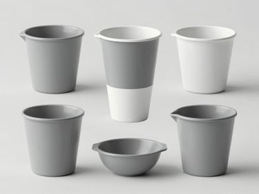 A collection of simple gray and white household utility items, organized layout