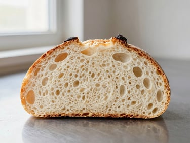 A sharp cross-section slice of a classic pullman loaf on a clean steel counter, bright morning light showing the perfectly uniform, tiny air pockets.