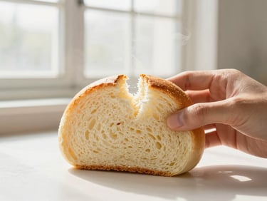A hand gently pulling apart a thick-cut slice of golden-crust Japanese shokupan, steam rising slightly, natural morning window light, high texture.