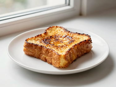A perfectly square slice of rich brioche French toast, golden-brown caramelized edges, minimalist styling on a white ceramic plate, side lighting.