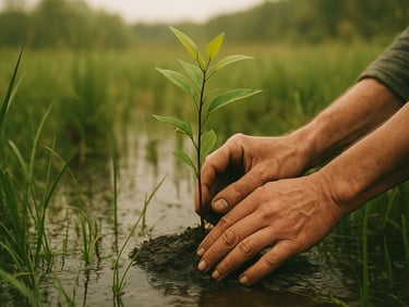 Hands carefully planting native seedlings in a lush green wetland, soft overcast daylight, earthy green tones, 35mm film style
