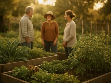 A warm medium shot of a local community garden with neighbors talking in the background, soft golden hour lighting, muted gold tones