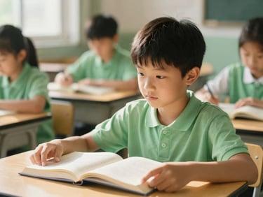 A young student in an active learning moment, looking thoughtfully at a book in a sunlit classroom, soft natural daylight, warm editorial photography, shallow depth of field
