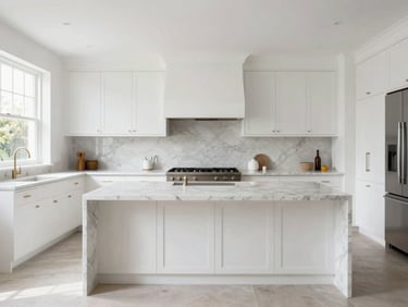 Wide-angle straight-on shot of a luxury kitchen renovation, custom white oak cabinetry, marble waterfall island, natural window light