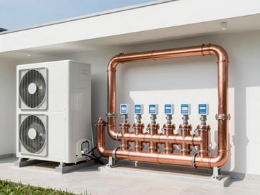 Crisp architectural photography of a newly installed modern HVAC and copper plumbing manifold, perfectly organized and labeled, bright natural daylight