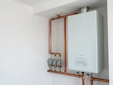 Clean, organized residential mechanical room with copper piping, high-efficiency boiler, and structured electrical conduit, crisp lighting