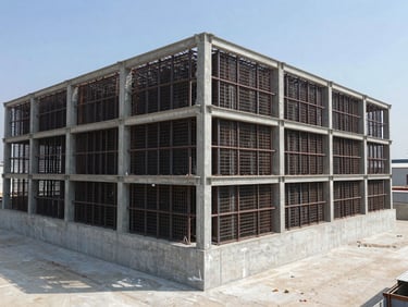 Wide environmental shot of a large commercial concrete pour under bright daylight, structural steel visible.