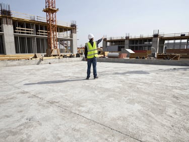 Wide environmental shot of a civil engineer pointing at a concrete foundation pour, active construction site in the background, realistic industrial tones.