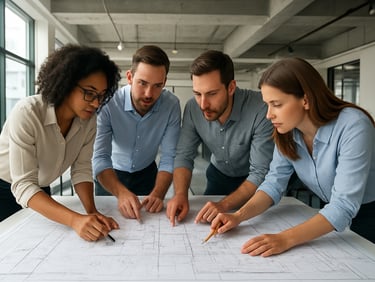 Engineers collaborating over wide site plans in a bright, modern office setting.
