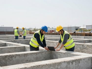 Medium shot of engineers in high-vis gear inspecting concrete forms under bright sunlight.