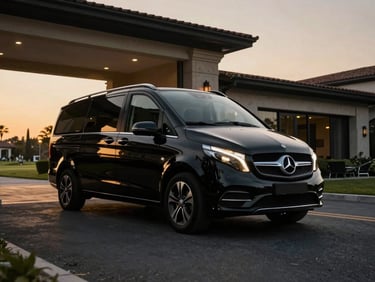 Dramatic low-angle exterior shot of a black Mercedes Vito parked near a luxury golf resort entrance in Belek at golden hour