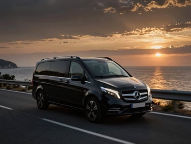 A sleek black Mercedes Vito driving on a scenic Turkish coastal highway overlooking the Mediterranean sea during sunset