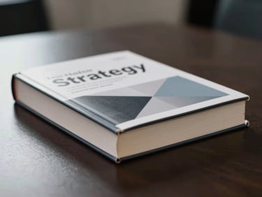 Close-up of a hardcover business strategy book resting on a polished dark desk surface, soft studio light from the left illuminating the spine and cover, minimal background, sharp focus on the book's geometric cover design