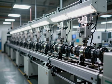 Wide shot of an automated assembly line under cool white industrial lighting, machinery in precise mechanical motion, no people visible