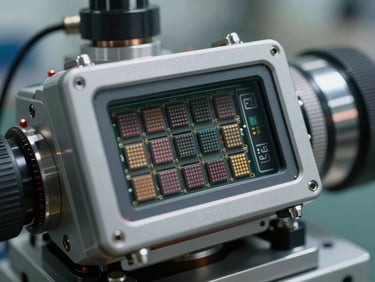 Close-up of a sensor array mounted on industrial equipment, cool daylight, sharp metallic detail, no people