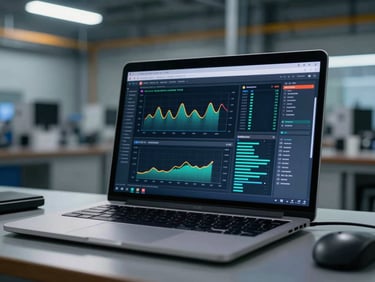 Laptop screen displaying a data dashboard with production analytics charts, placed on a desk in an industrial facility, cool ambient light, no people