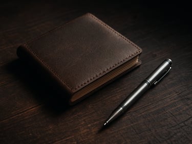Close-up of tactile textures: heavy dark timber desk, leather-bound tactical journal, and a steel pen under single-source window light.